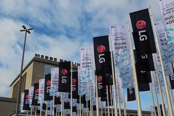 Partial view of Messe Berlin where promotional flags of LG logo and Busan's bid for World Expo 2030 were flying in front 