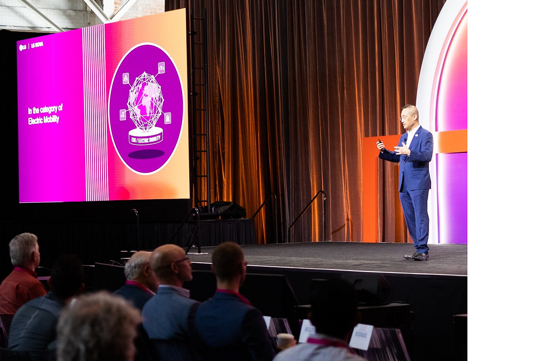 LG Electronics Senior Vice President of Innovation Dr. Sokwoo Rhee, giving a speech at LG NOVA's event where finalists for its Mission for the Future program were unveiled.