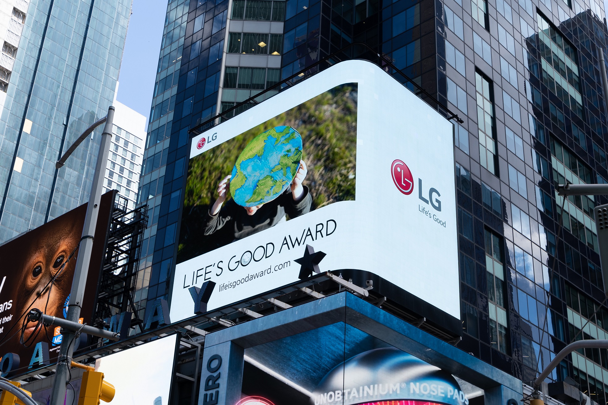LG's digital billboard in Times Square, New York displaying a promotional video of its Life's Good Award
