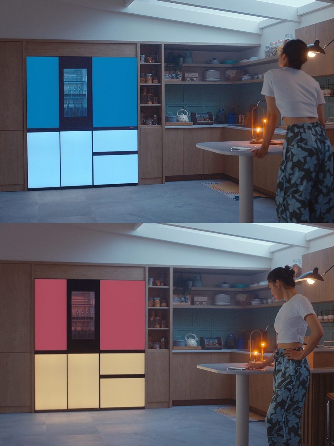 A woman conveniently changes the color of the LG MoodUPTM refrigerator panel door with the smartphone
