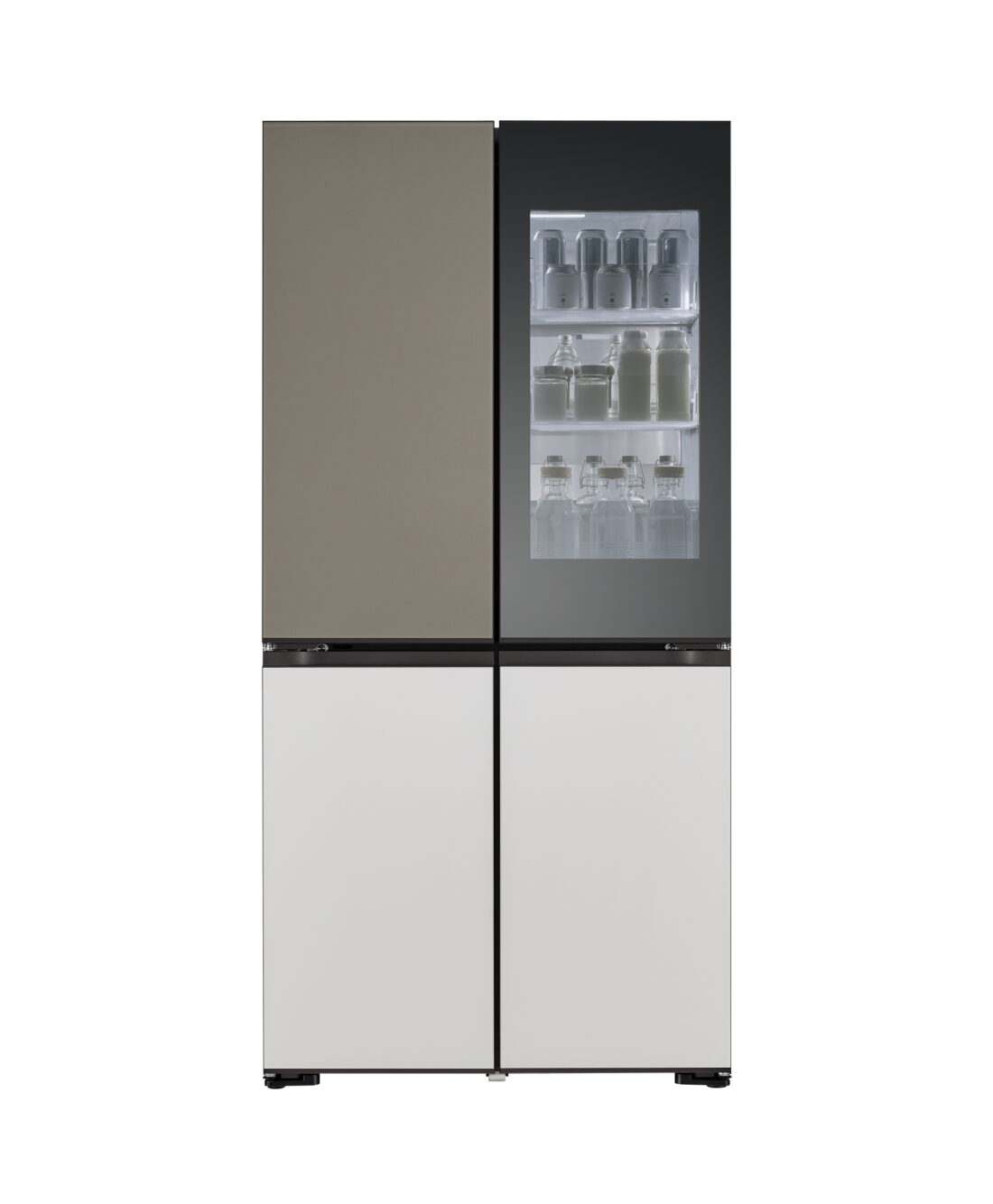 LG MoodUPTM InstaView refrigerator in Lux Gray and Lux White colors with the light on