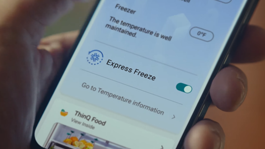The LG ThinQ app’s Express Freeze feature turned on