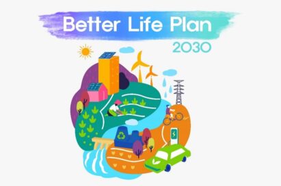 A colorful illustration of a green town with the phrase, “Better Life Plan 2030”