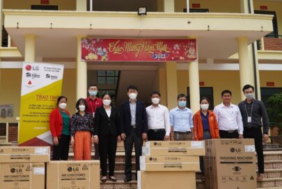 A photo taken at the project's opening ceremony with donated household appliances from LG