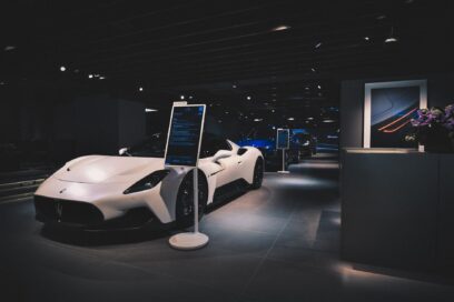 LG StanbyME installed next to the Maserati's luxurious automobile at Maserati showroom in Hong Kong