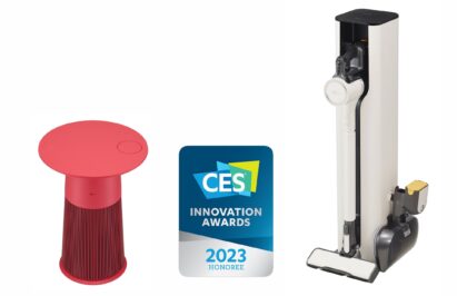 CES 2023 Innovation Awards Honoree logo placed between LG PuriCare Objet Collection Aero Furniture and LG CordZero Vacuum
