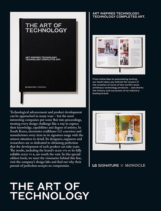 A poster with three images of the LG SIGNATURE X Monocle brand book with explanations on what the book is about