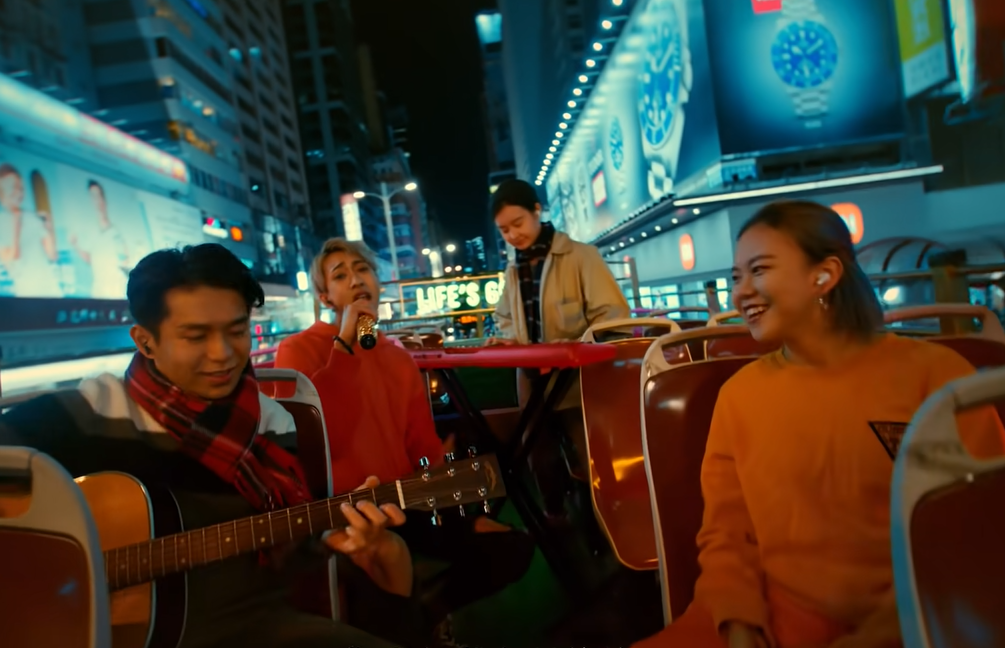 Screenshot of the YouTube video produced by LG Electronics Hong Kong where a band is playing their music on the bus