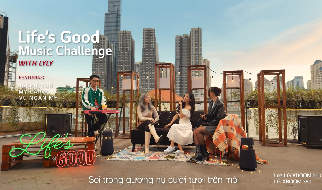 Screenshot of the YouTube video produced by LG Electronics Vietnam where a band is playing their music on the top of a building