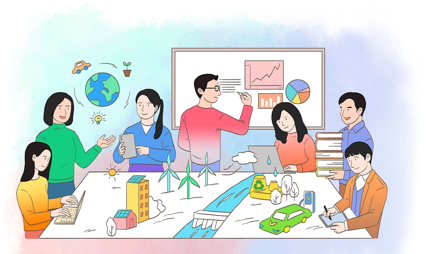 Illustration of ESG department employees working together on a project