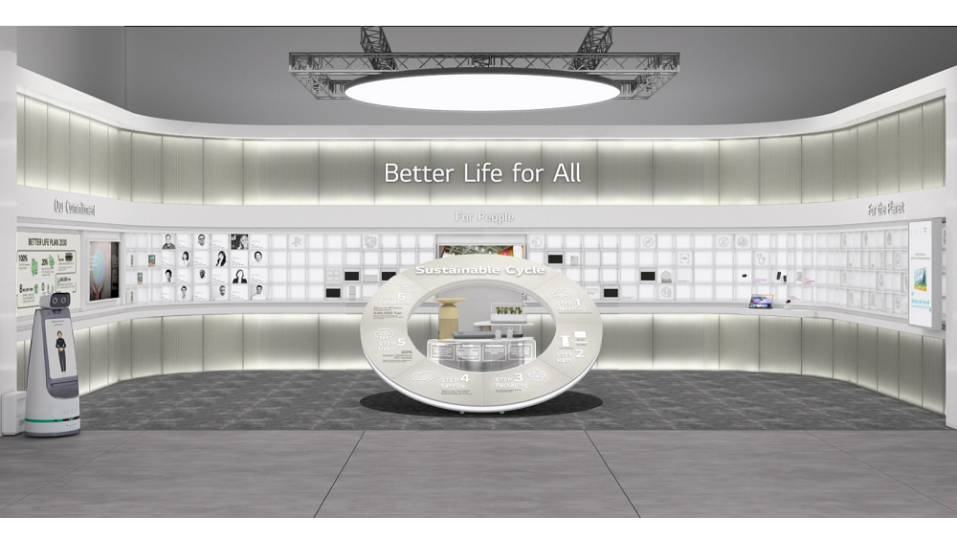 A face-on shot of the LG Better Life for All zone at CES 2023, consisting of three display sections: Our Commitment, For People, and For the Planet. (from left to right)