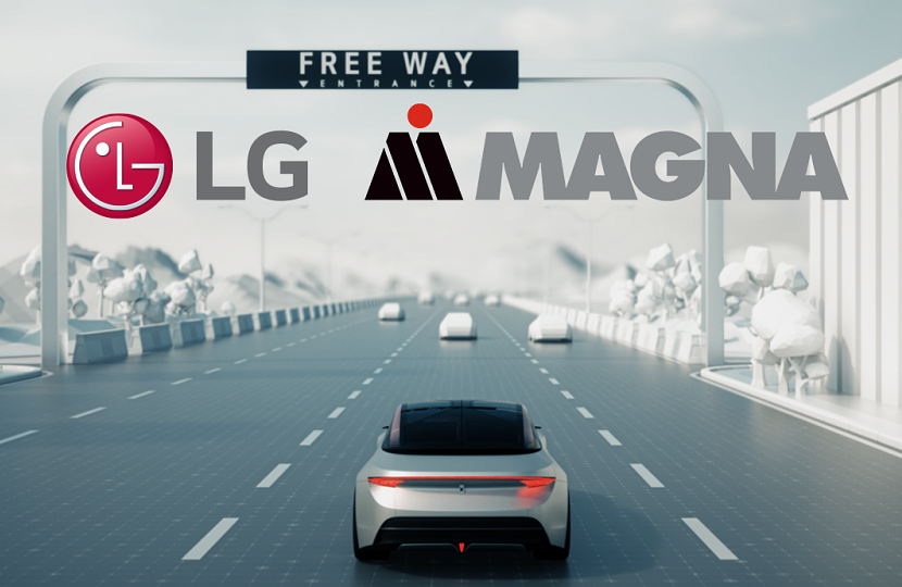 An image of a car on a freeway with LG and MAGNA logos overlapping