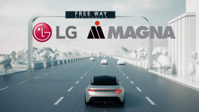 An image of a car on a freeway with LG and MAGNA logos overlapping