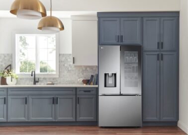 LG’s new InstaView™ French-Door refrigerator installed in the kitchen between the built-in drawers.