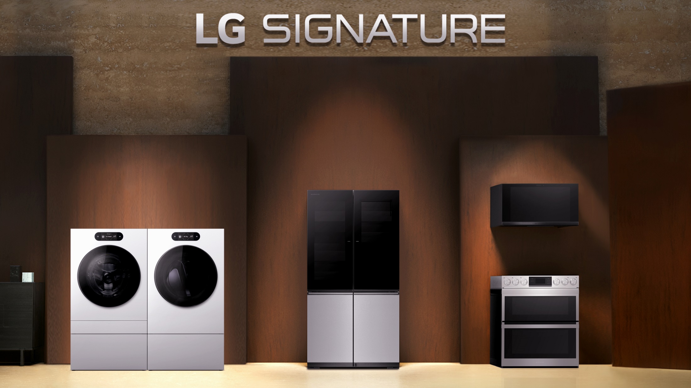 LG SIGNATURE’s second-generation lineup including a washer and dryer pair, a Dual InstaView French door fridge, an over-the-range microwave oven and a double oven Slide-in Range