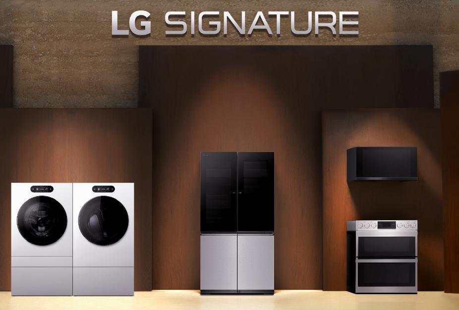 LG SIGNATURE’s second-generation lineup including a washer and dryer pair, a Dual InstaView French door fridge, an over-the-range microwave oven and a double oven Slide-in Range