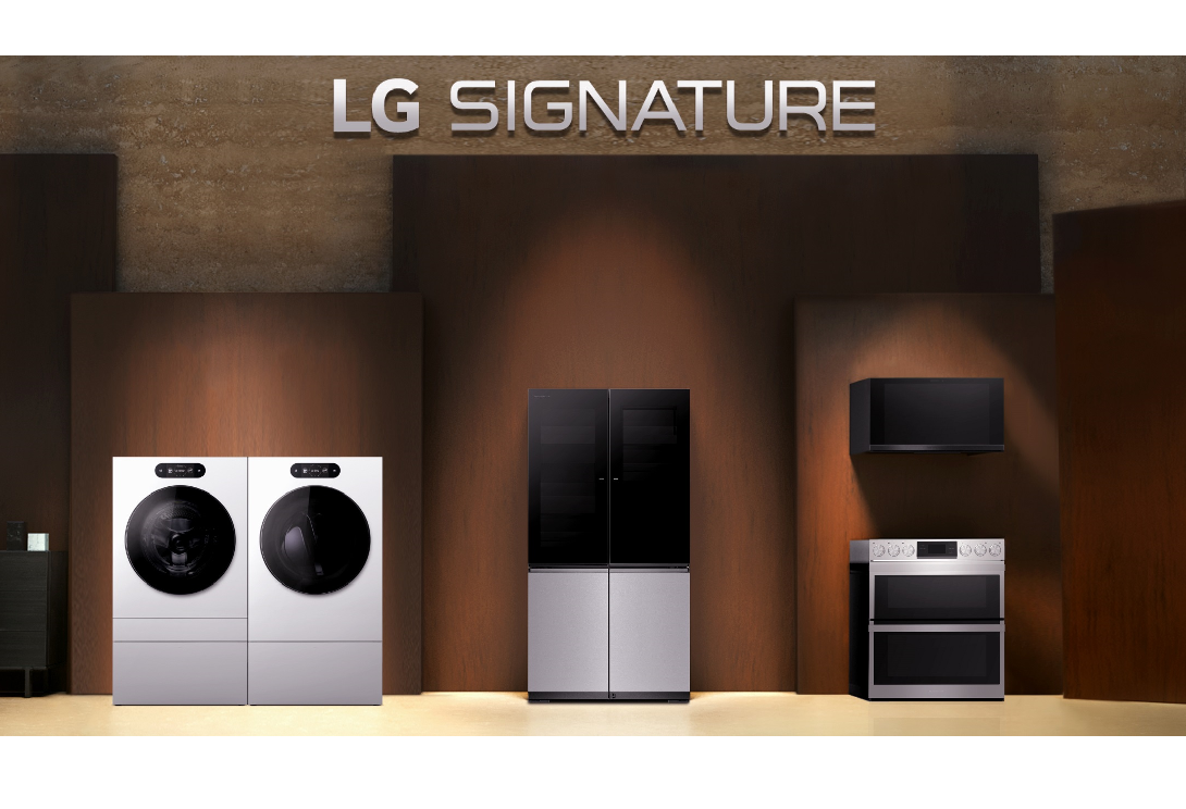 LG SIGNATURE’s second-generation lineup including a washer and dryer pair, a Dual InstaView French door fridge, an over-the-range microwave oven and a double oven Slide-in Range