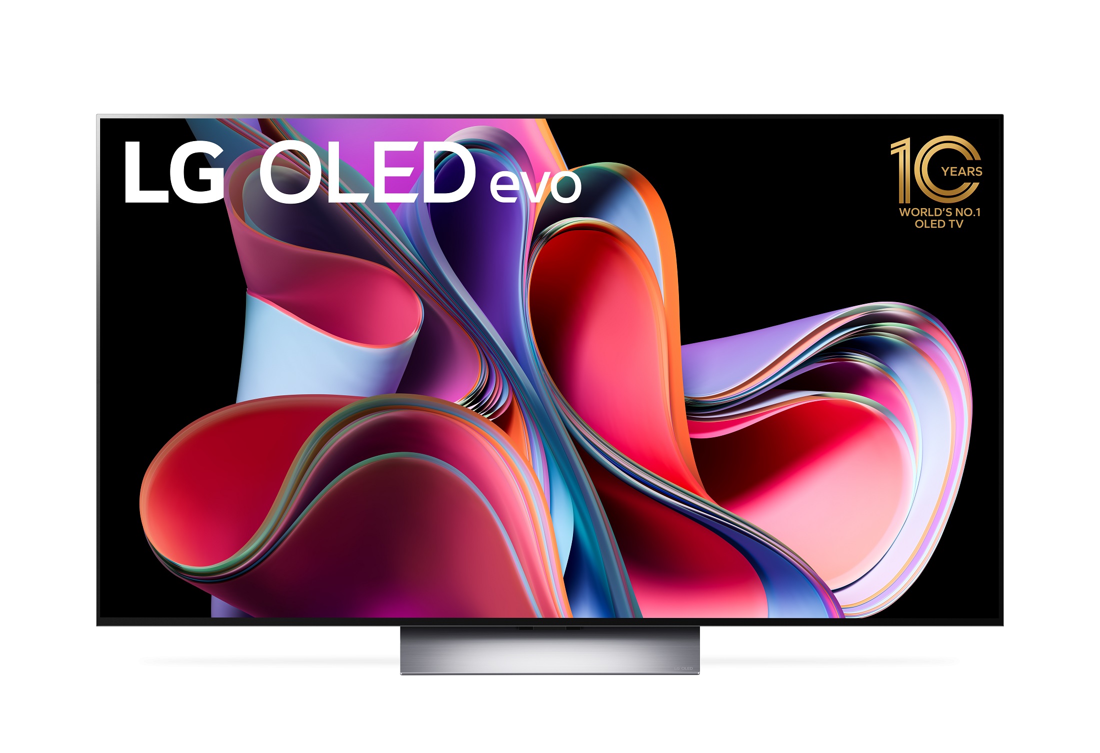 Front view of the 2023 LG OLED evo TV with stand with a logo marking LG OLED TV’s 10 years of dominance in the screen’s top-right corner