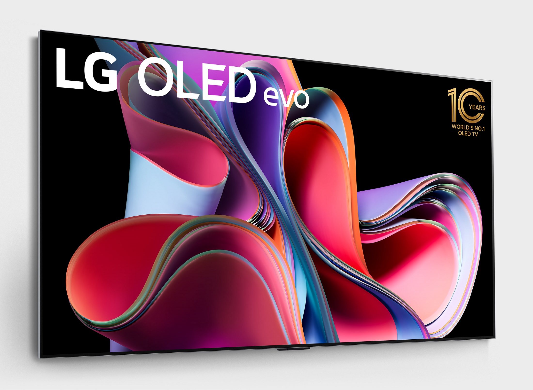 The wall-mounted 2023 LG OLED evo TV with a logo marking LG OLED TV’s 10 years of dominance in the screen’s top-right corner