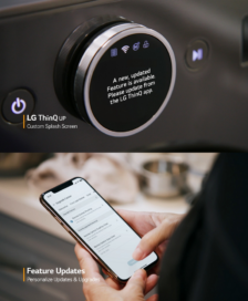 The top image shows a Custom Splash Screen informing users that new features of ThinQ UP can be downloaded, while the bottom image shows a person updating and upgrading personalized features via ThinQ app