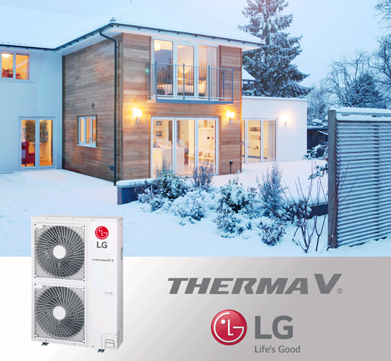 Photo of a house during the winter with a picture of LG Therma V at the bottom