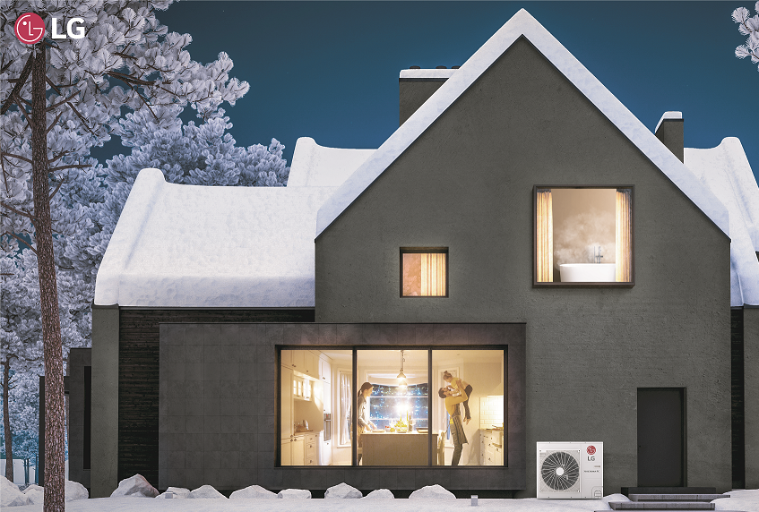 Photo of a house with LG Therma V where a father holding his kid can be seen through the window