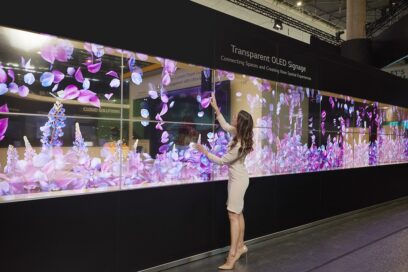 Transparent OLED Signage on display at LG's booth at ISE 2023