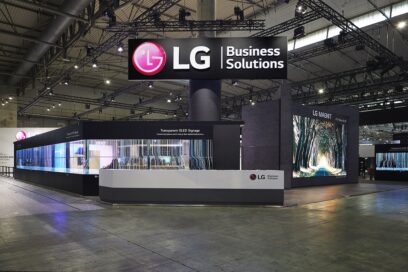 Transparent OLED Signage on display at LG's booth at ISE 2023, side angle