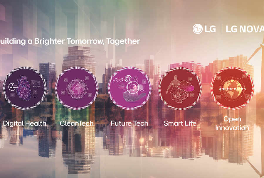 A combined illustration of an image of buildings in the background with icons containing different topics and the LG logo and LG NOVA logo