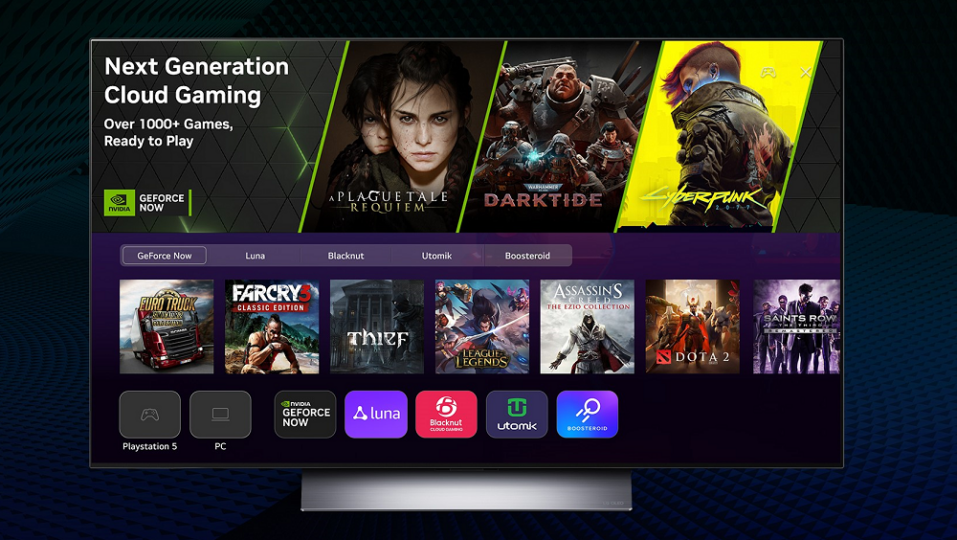 LG’s new webOS UI featuring gaming hub and cloud gaming displayed on an LG TV in front of a dark blue background