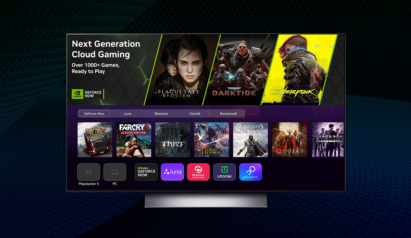 LG’s new webOS UI featuring gaming hub and cloud gaming displayed on an LG TV in front of a dark blue background