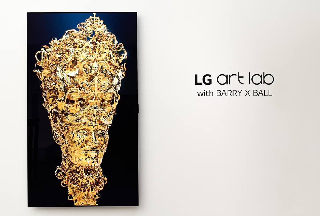 An NFT sculpture created by LG Art Lab with Barry X Ball displayed on a wall-mounted LG OLED TV which has been rotated 90 degrees