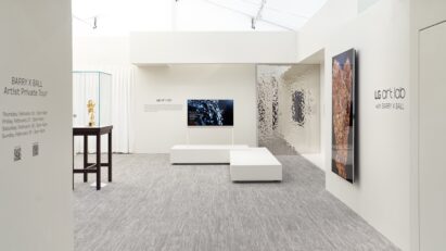 The LG OLED Art project exhibition hall displaying Barry X Ball’s NFT sculpture on LG OLED Objet Pose and a wall-mounted LG OLED TV