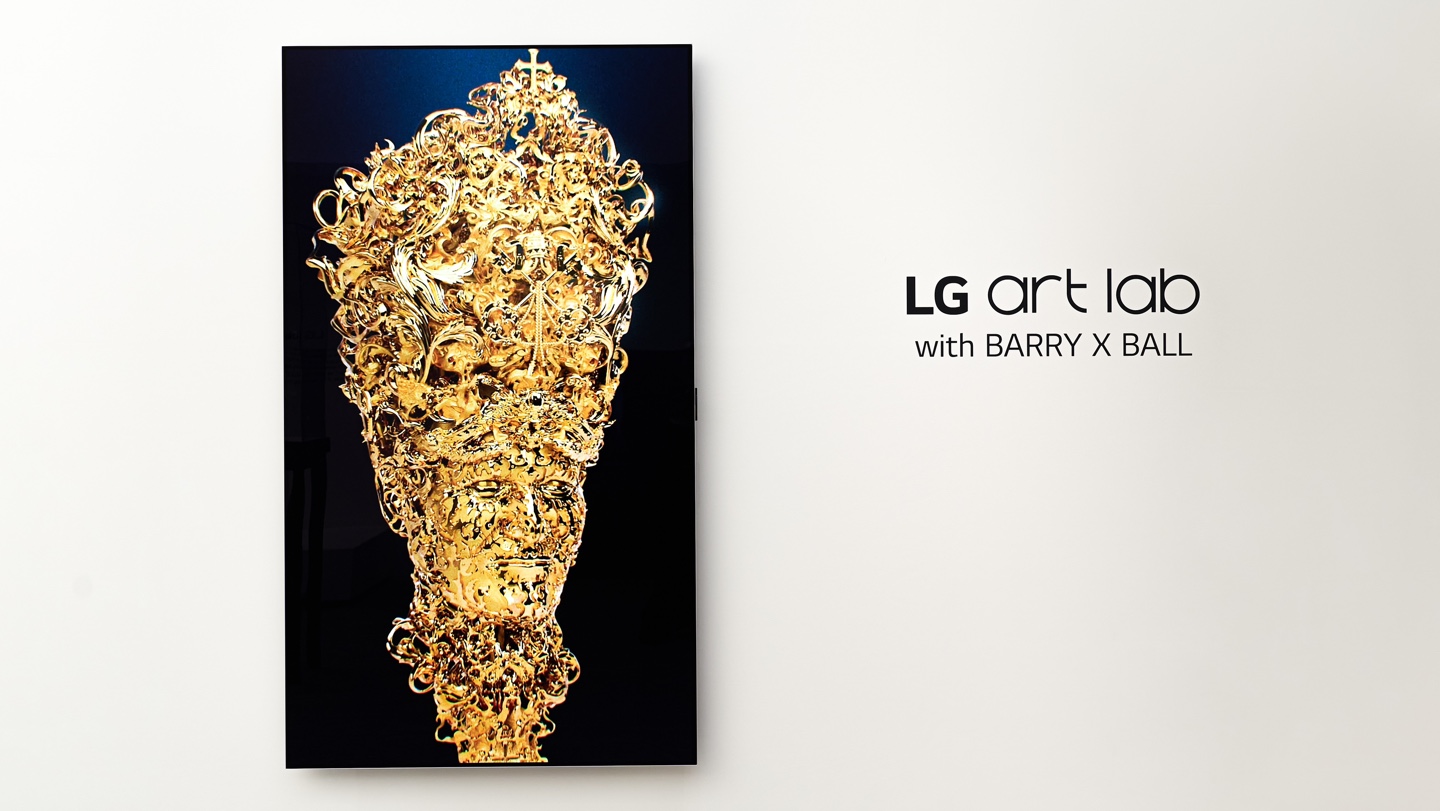 An NFT sculpture created by LG Art Lab with Barry X Ball displayed on a wall-mounted LG OLED TV which has been rotated 90 degrees