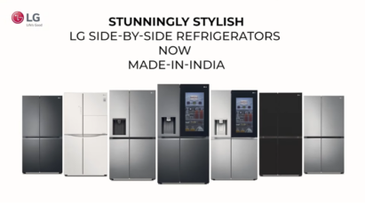 LG side-by-side refrigerators below the message, “Stunningly Stylish LG Side-By-Side Refrigerators Now Made-In-India.”