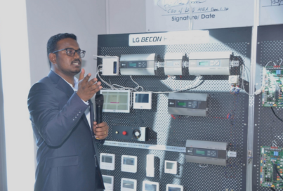 Raja Durai, technical engineer at LG East Africa, explaining LG BECON HVAC Solution at LG East Africa’s HVAC showroom.