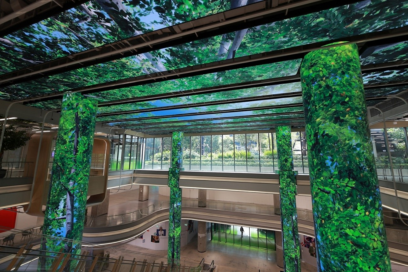 Another view of LG’s LED signage expressing images of a forest on the ceiling and pillars of Bangkok’s True Digital Park West.