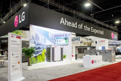 The side view of the LG booth showcasing its latest HVAC solutions at AHR Expo 2023