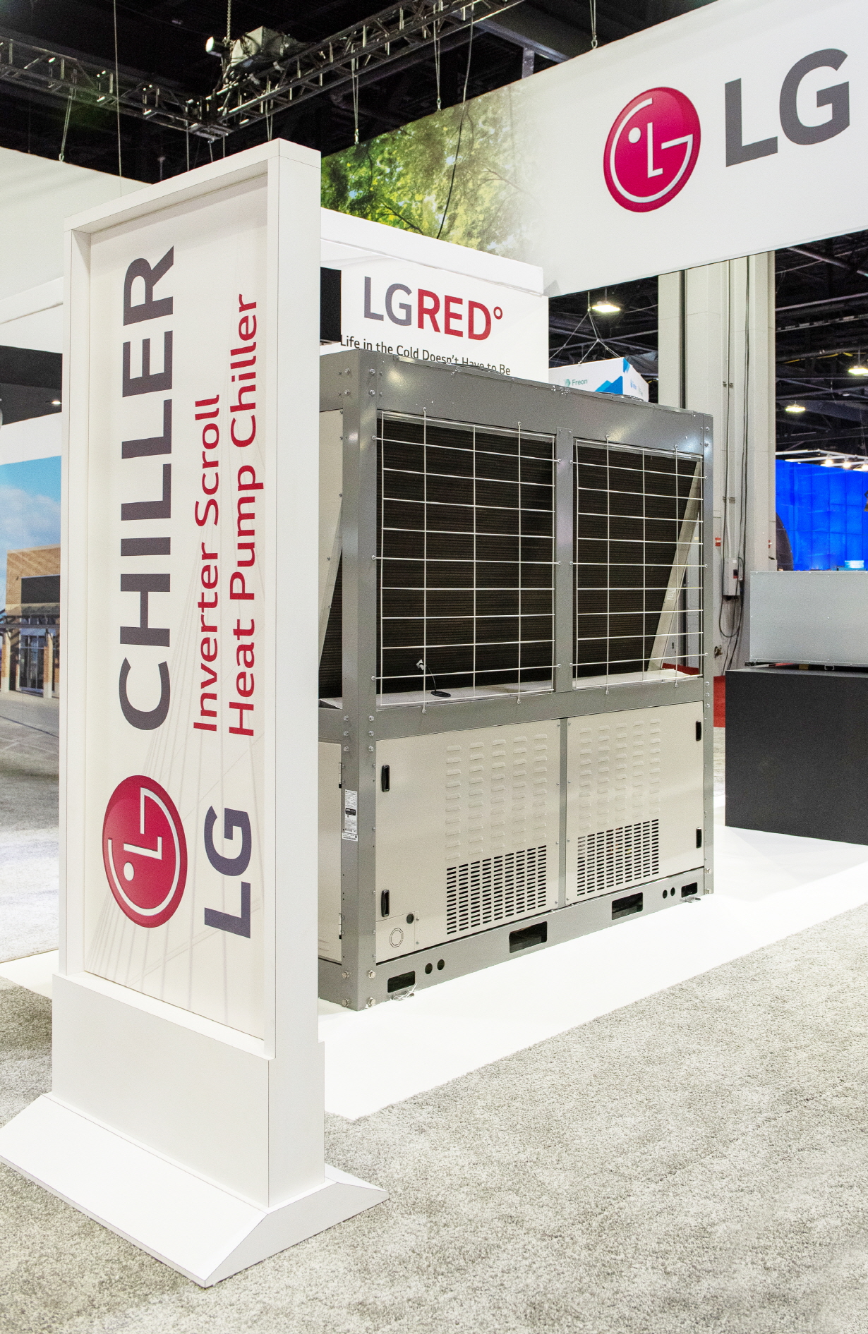 View of LG Inverter Scroll Heat Pump Chiller displayed in the LG booth at AHR Expo 2023