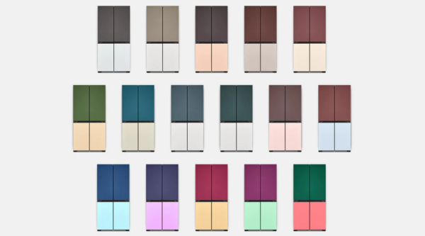 A set of LG MoodUP InstaView™ refrigerators in different colors