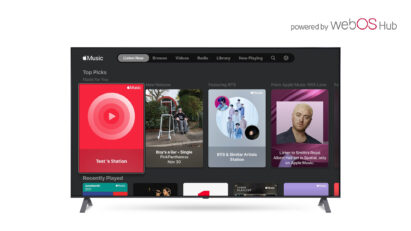 LG OLED TV displaying the Apple Music Listen Now page powered by webOS Hub 2.0