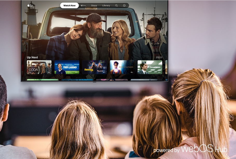 A family of four browsing the Apple TV Watch Now page via the newly released LG webOS Hub 2.0