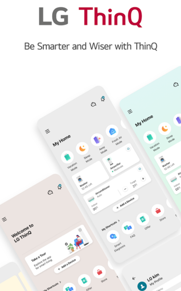 The images of LG ThinQ logo and app screens