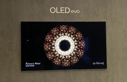 The wall-mounted 2023 LG OLED evo TV displaying ‘Fortuna’s Wheel’ by Doug Foster which uses different shades of brown.