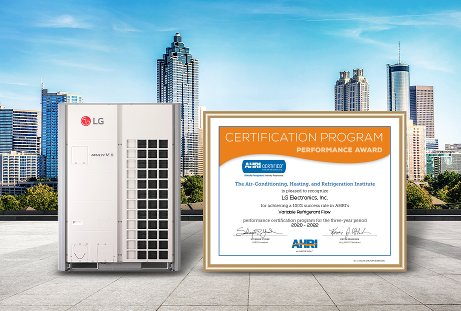 The picture of LG Multi V 5 and its certification from Air-Conditioning, Heating & Refrigeration Institute (AHRI) Performance Award.