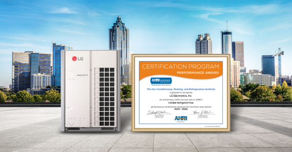 The picture of LG Multi V 5 and its certification from Air-Conditioning, Heating & Refrigeration Institute (AHRI) Performance Award.