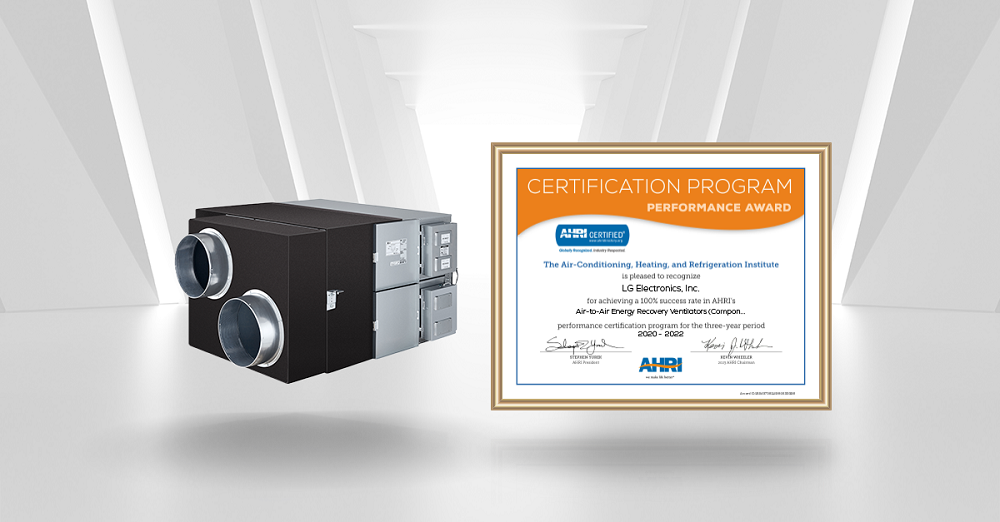 The picture of LG ERV and its certification from Air-Conditioning, Heating & Refrigeration Institute (AHRI) Performance Award.