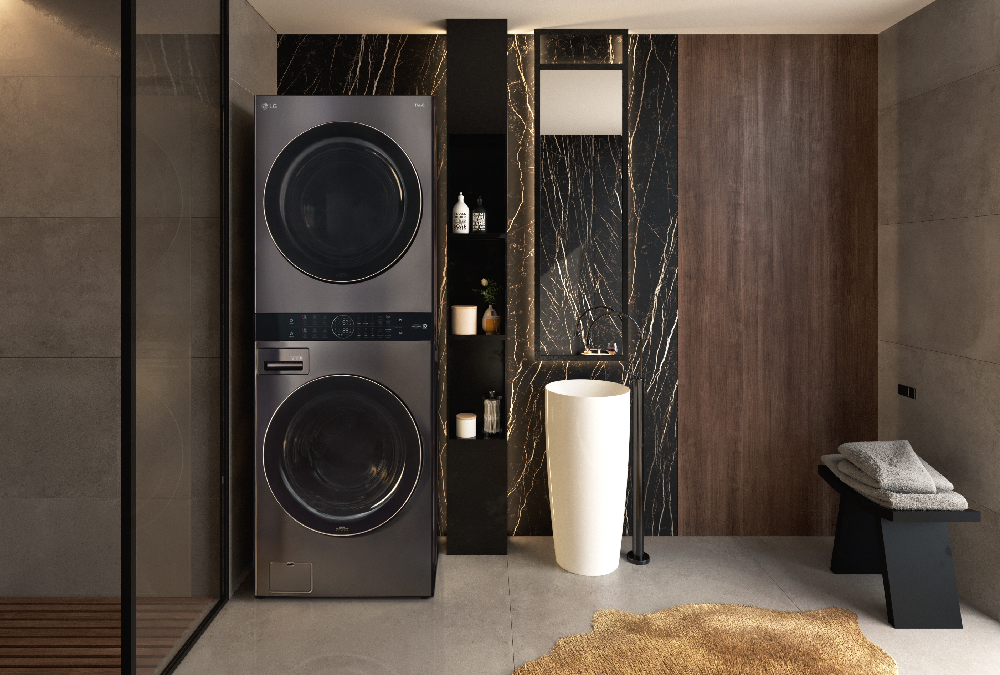 LG WashTower™ is located in the laundry room beside the narrow shelf.  