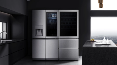 A modern lifestyle image featuring LG SIGNATURE InstaView Door-in-Door Refrigerator and Wine Cellar side by side in the kitchen of a high-rise apartment.