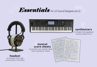An illustration depicting essentials for UX sound designers at LG including a headset, musical score sheets and a synthesizer